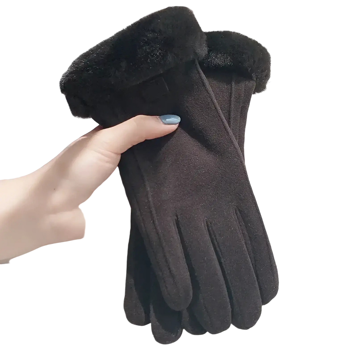 Black women’s winter gloves with faux fur lining and soft suede exterior, touch screen finger gloves for cold weather