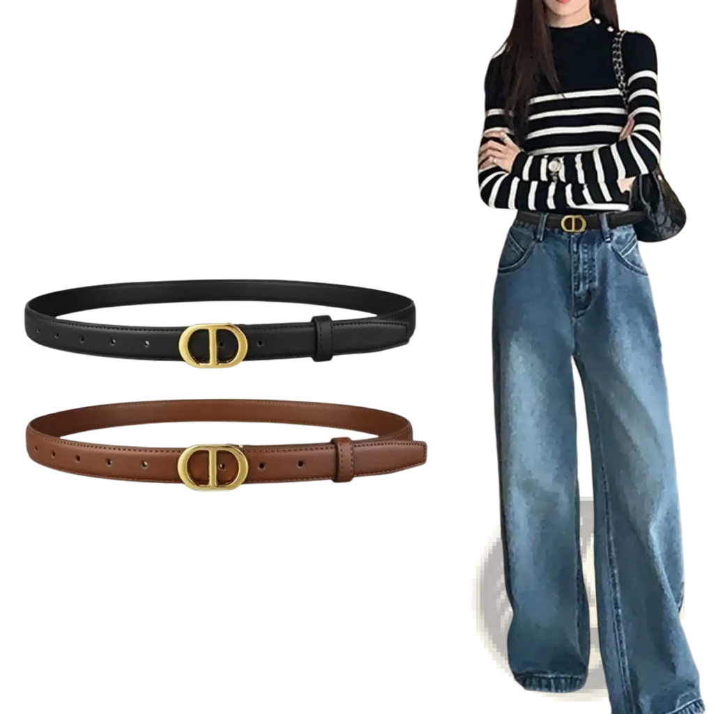 Women’s gold buckle leather belt featuring black and brown leather with gold-tone d-logo buckles