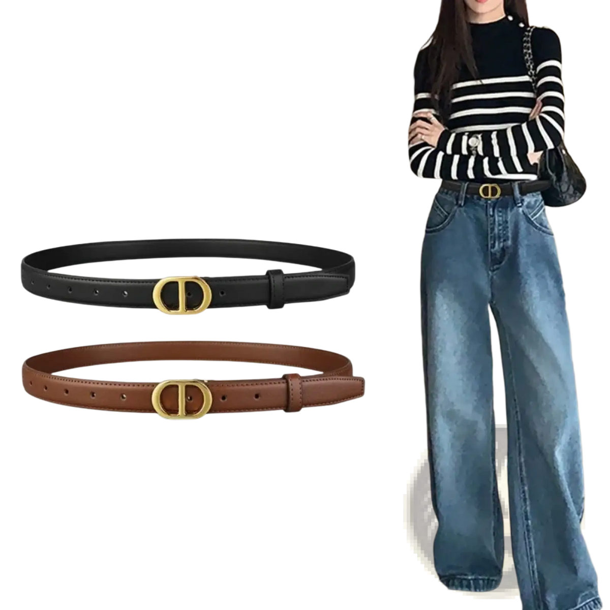Women’s gold buckle leather belt featuring black and brown leather with gold-tone d-logo buckles