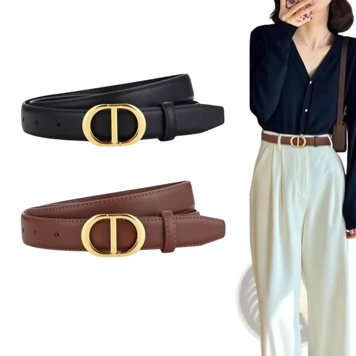 Women’s gold buckle leather belt featuring black and brown leather with gold-tone d-logo buckles in a sleek design