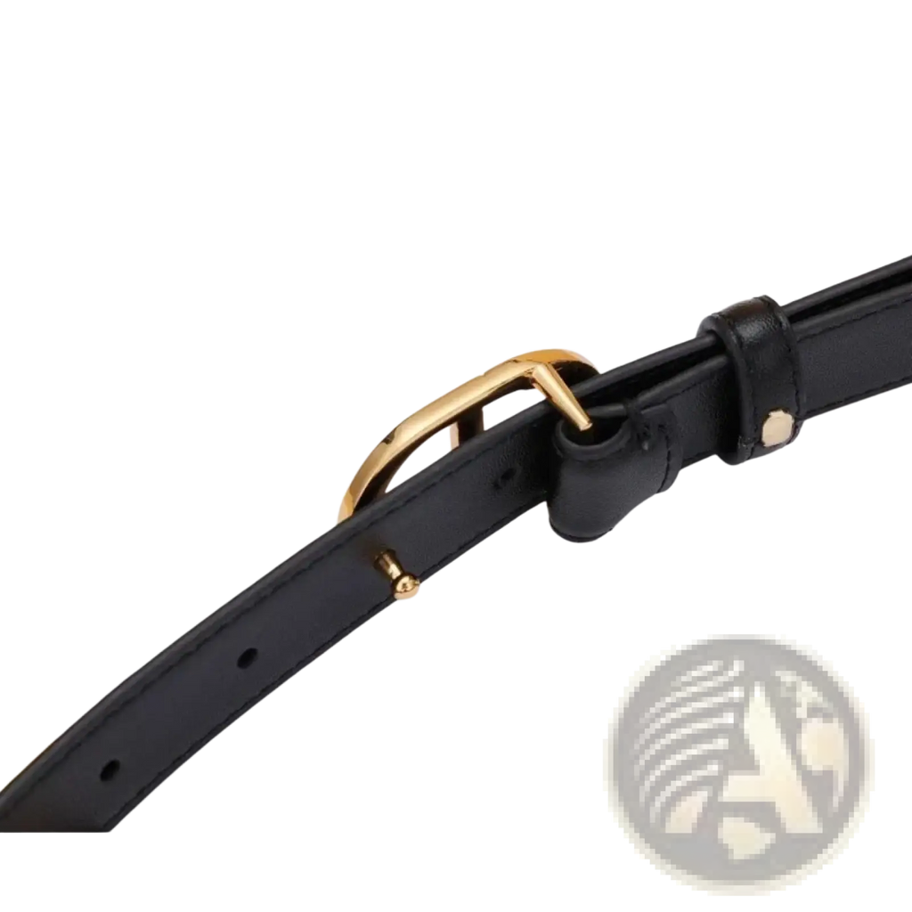 Black leather women’s belt with gold buckle and matching metallic studs for stylish accessorizing