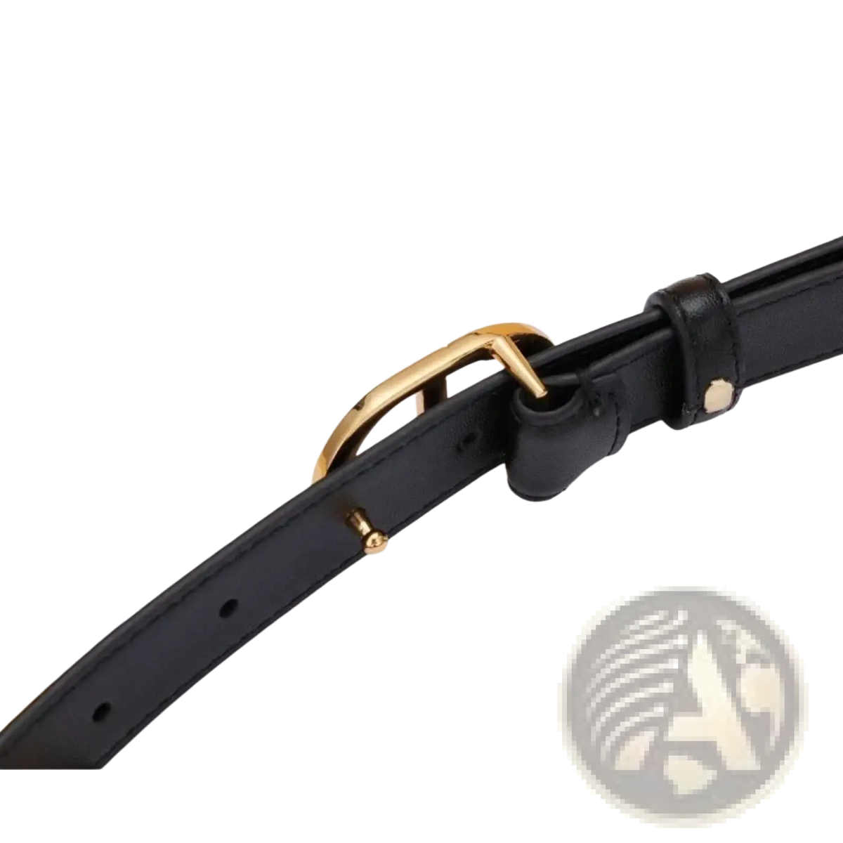 Black leather women’s belt with gold buckle and matching metallic studs for stylish accessorizing