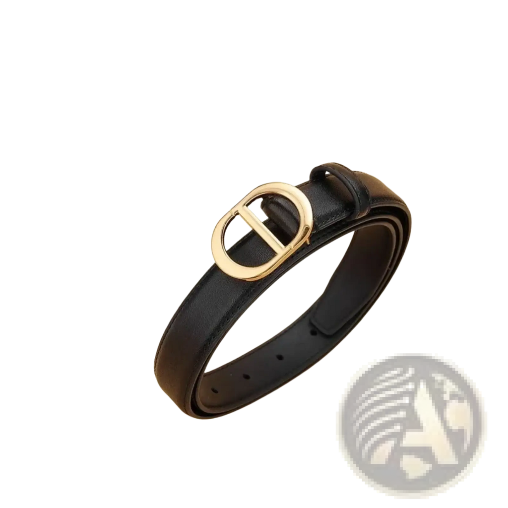 Black leather women’s belt with gold-toned oval buckle featuring interlocking d design