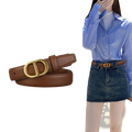 Women’s gold buckle leather belt in brown with a gold-tone d-shaped buckle made of leather material