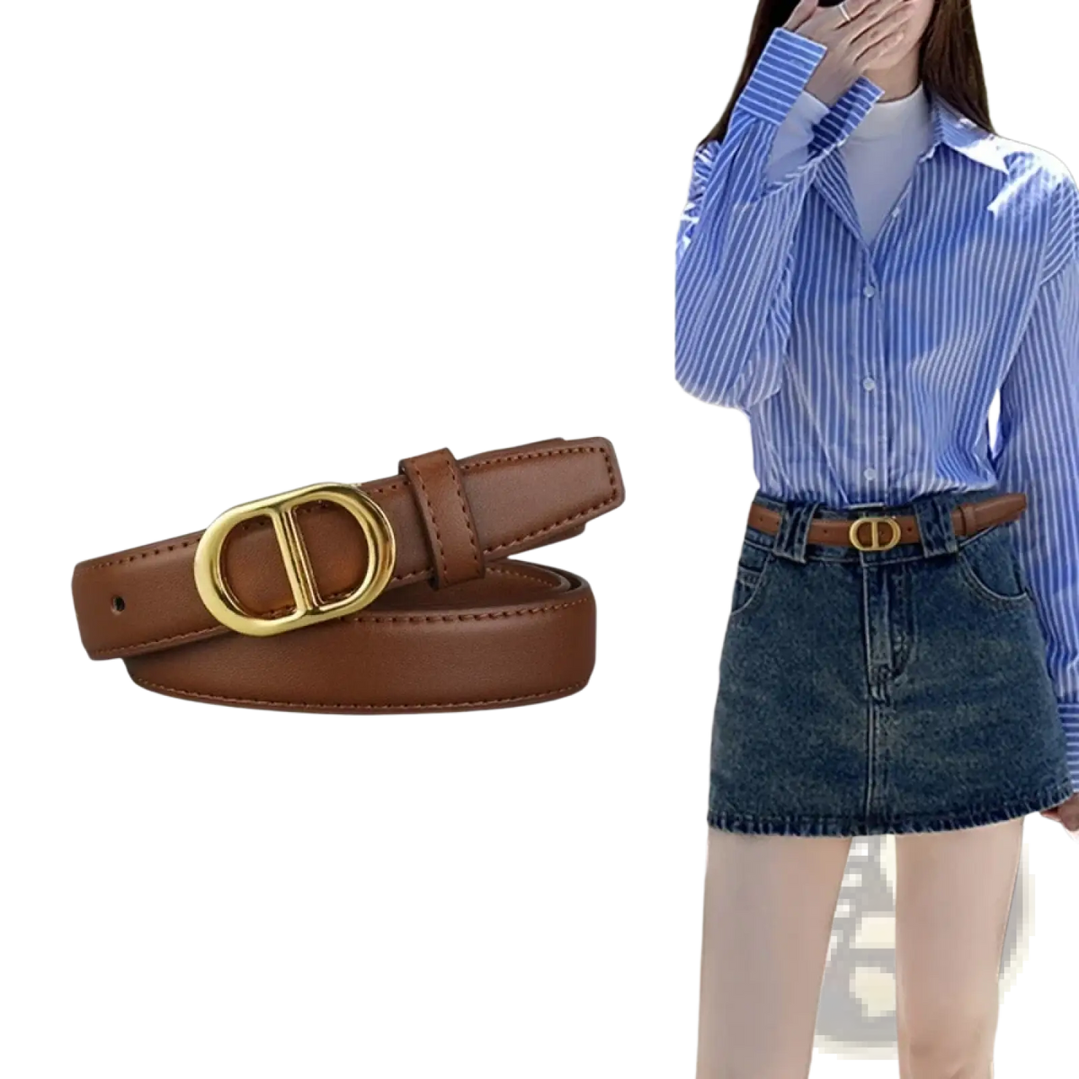 Women’s gold buckle leather belt in brown with a gold-tone d-shaped buckle made of leather material