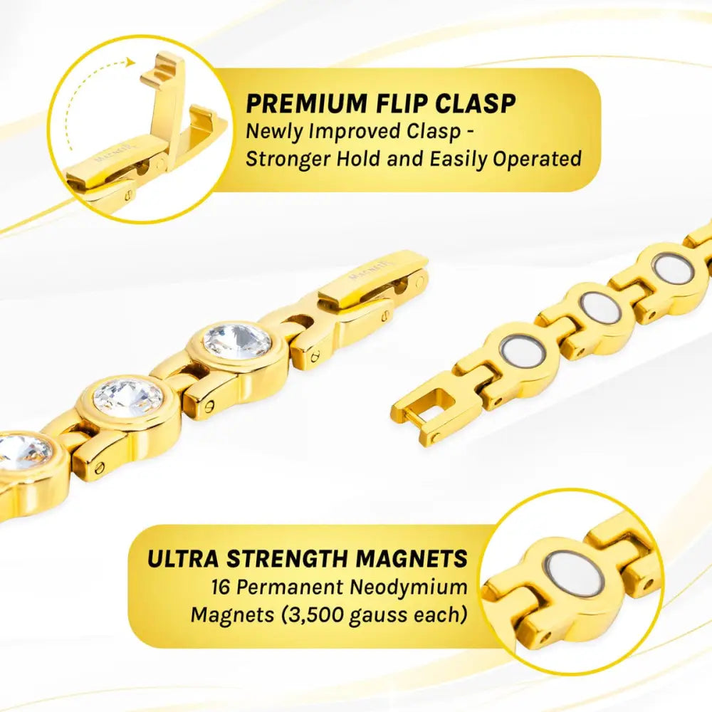 Women’s gold crystal magnetic therapy link bracelet with clear stones in each link and a premium flip clasp