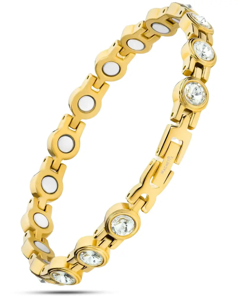 Women’s gold crystal magnetic therapy link bracelet with clear crystal stones and white circular inlays