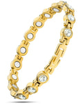 Women’s gold crystal magnetic therapy link bracelet with clear crystal stones and white circular inlays