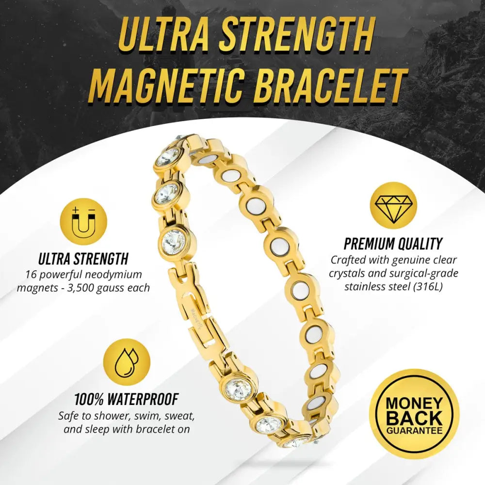 Women’s gold crystal magnetic therapy link bracelet with clear crystals in a sleek interlocking stainless steel design