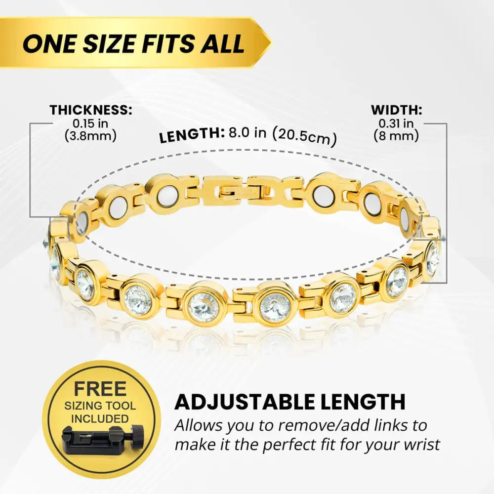 Women’s gold crystal magnetic therapy link bracelet with clear crystal accents and adjustable gold-toned links