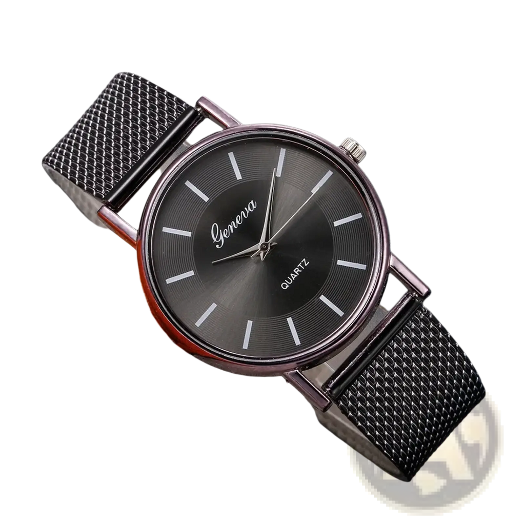Women’s gold mesh quartz wristwatch with black mesh band and minimalist dial featuring white hour markers and geneva name