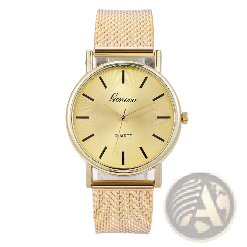 Women’s gold mesh quartz wristwatch featuring a gold-toned case and minimalist black hour markers