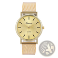 Women’s gold mesh quartz wristwatch featuring a gold-toned case and minimalist black hour markers