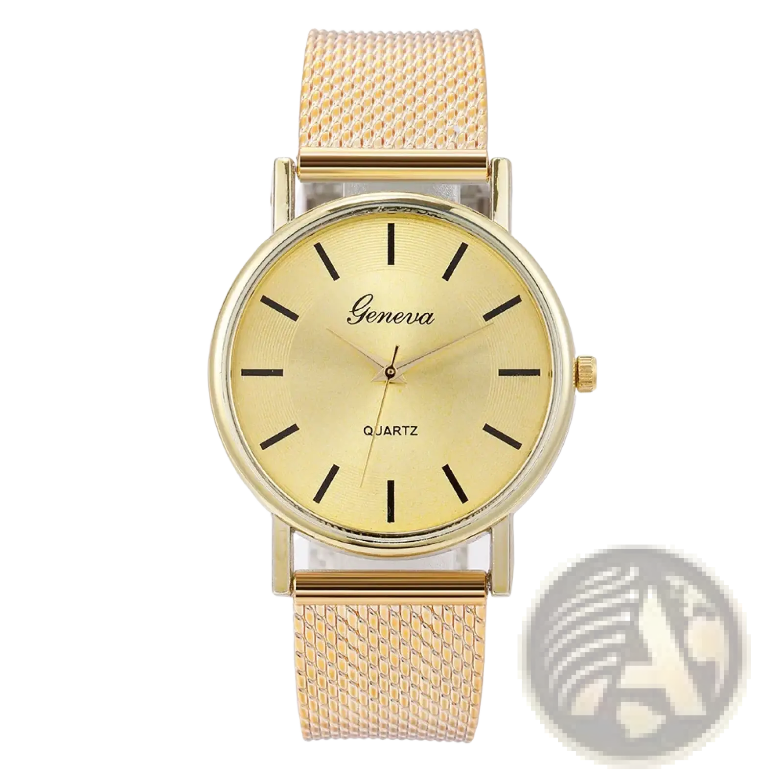 Women’s gold mesh quartz wristwatch featuring a gold-toned case and minimalist black hour markers