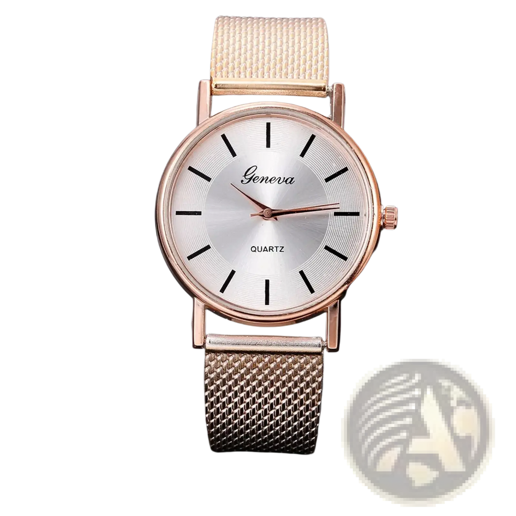 Women’s gold mesh quartz wristwatch with rose gold mesh strap silver dial and black hour markers minimalist fashion