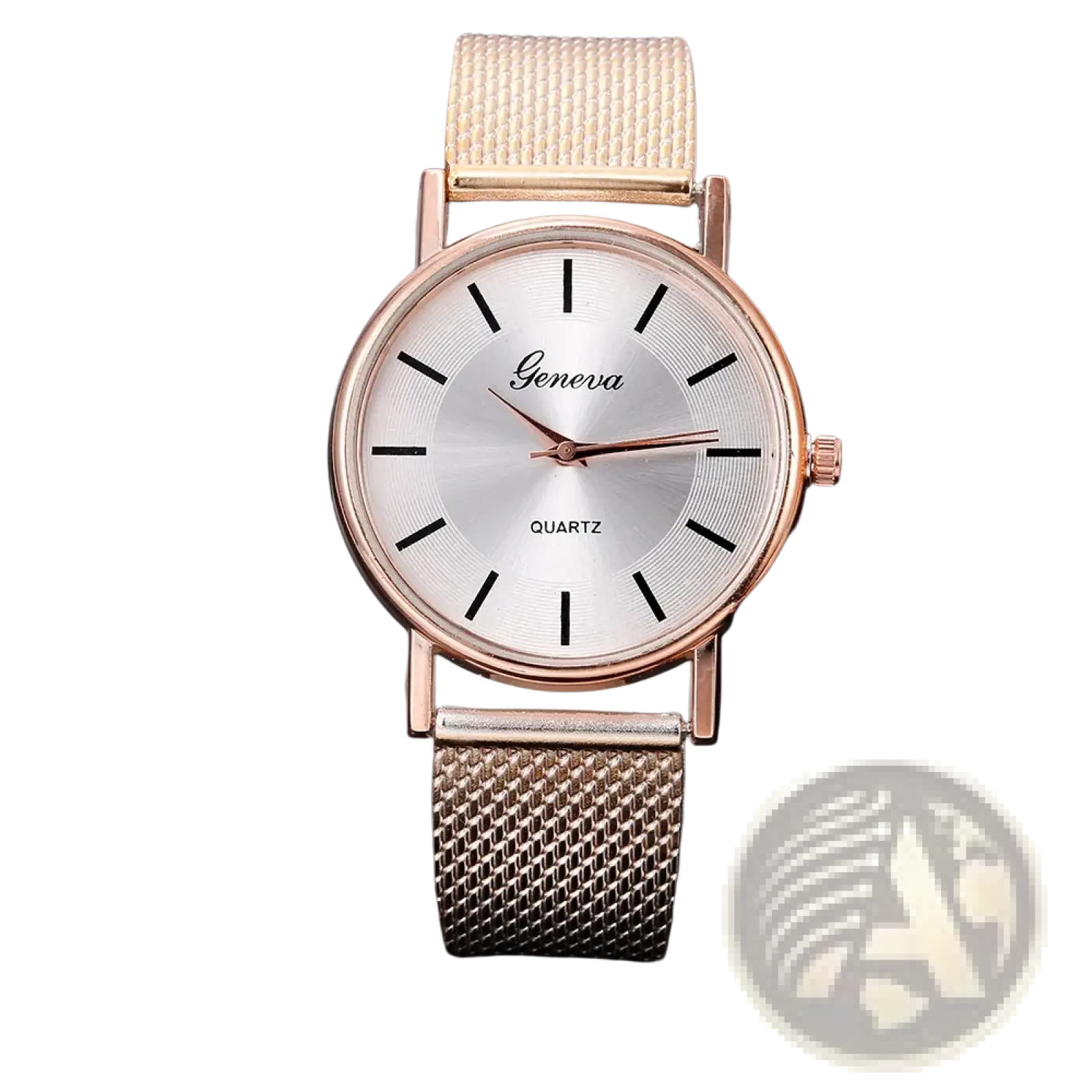 Women’s gold mesh quartz wristwatch with rose gold mesh strap silver dial and black hour markers minimalist fashion