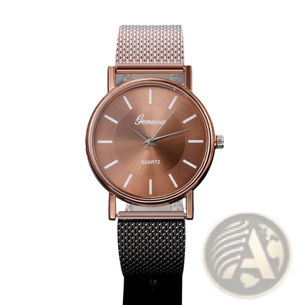 Women’s gold mesh quartz wristwatch with rose gold-toned generva quartz movement and minimalist dial design