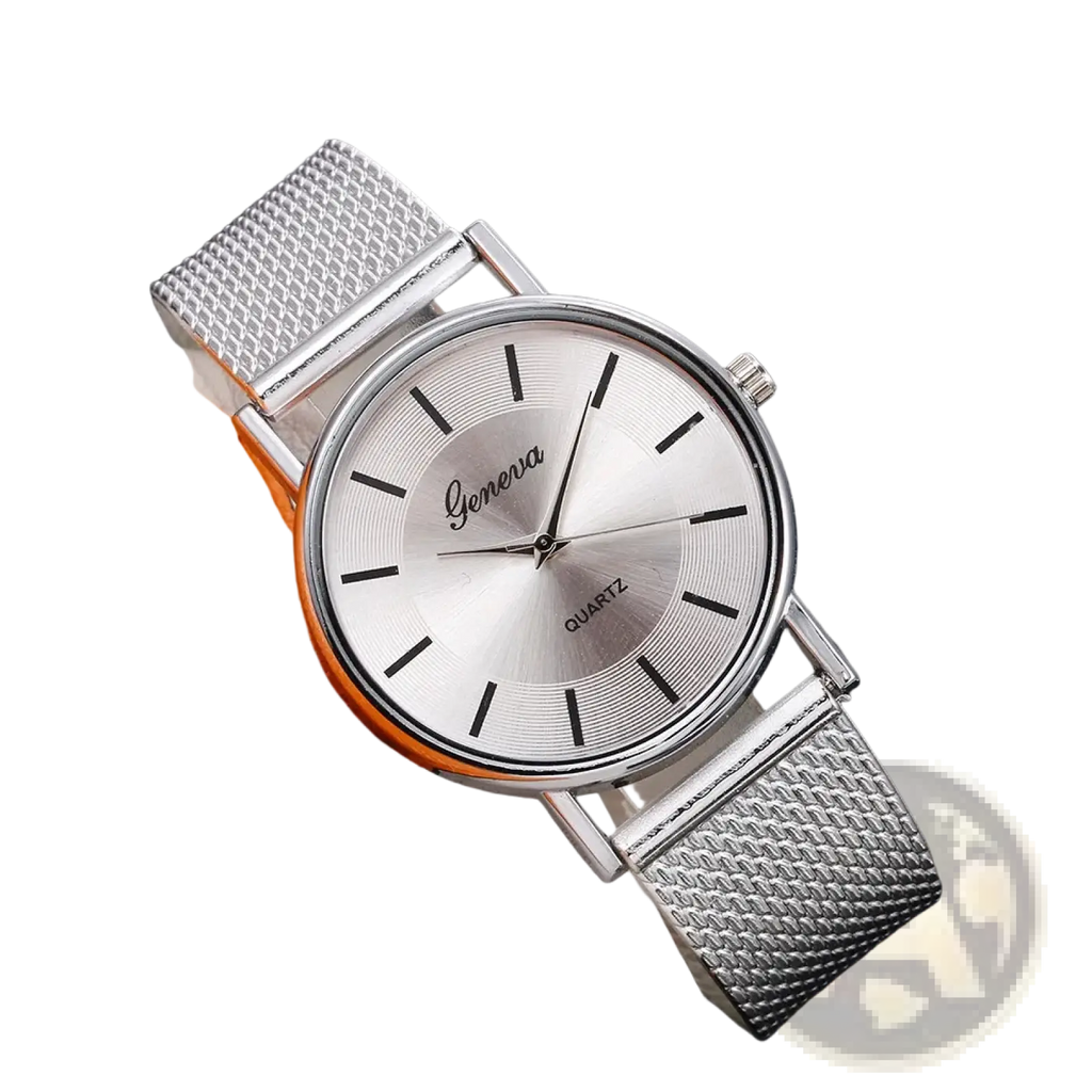 Women’s gold mesh quartz wristwatch with silver mesh bracelet and minimalist black stick indices design