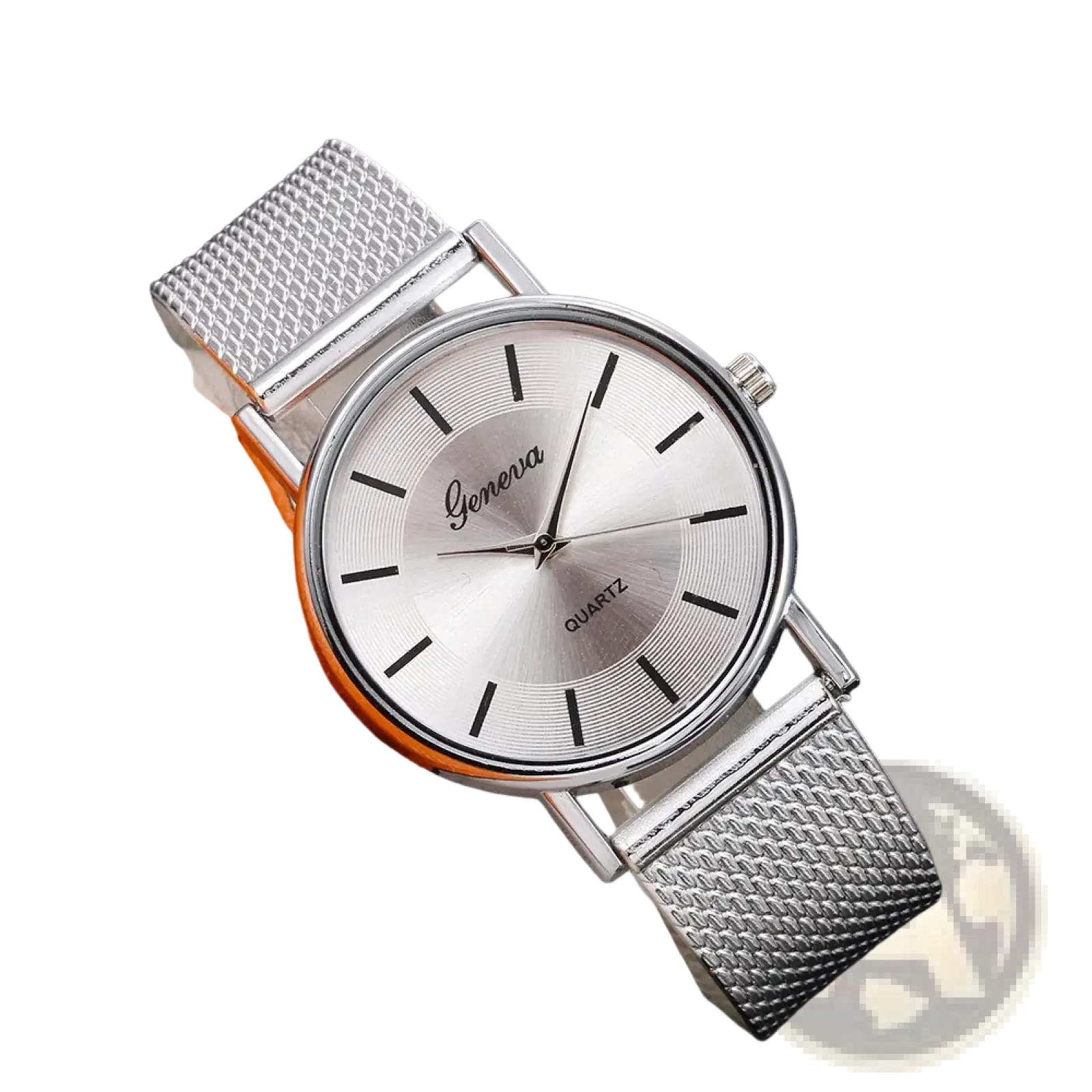 Women’s gold mesh quartz wristwatch with silver mesh bracelet and minimalist black stick indices design