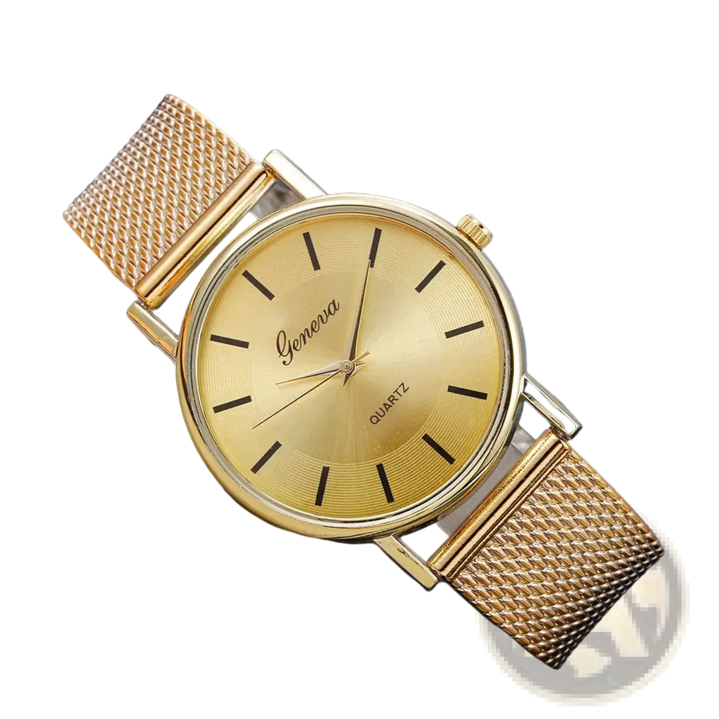 Women’s gold mesh quartz wristwatch with gold-tone dial black stick indices and gemenya branding minimalist fashion