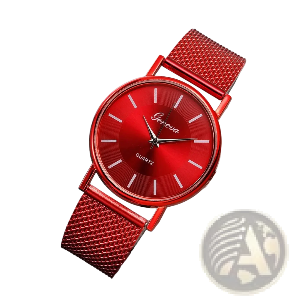 Women’s gold mesh quartz wristwatch with a vibrant red geneva dial and minimalist white hour markers