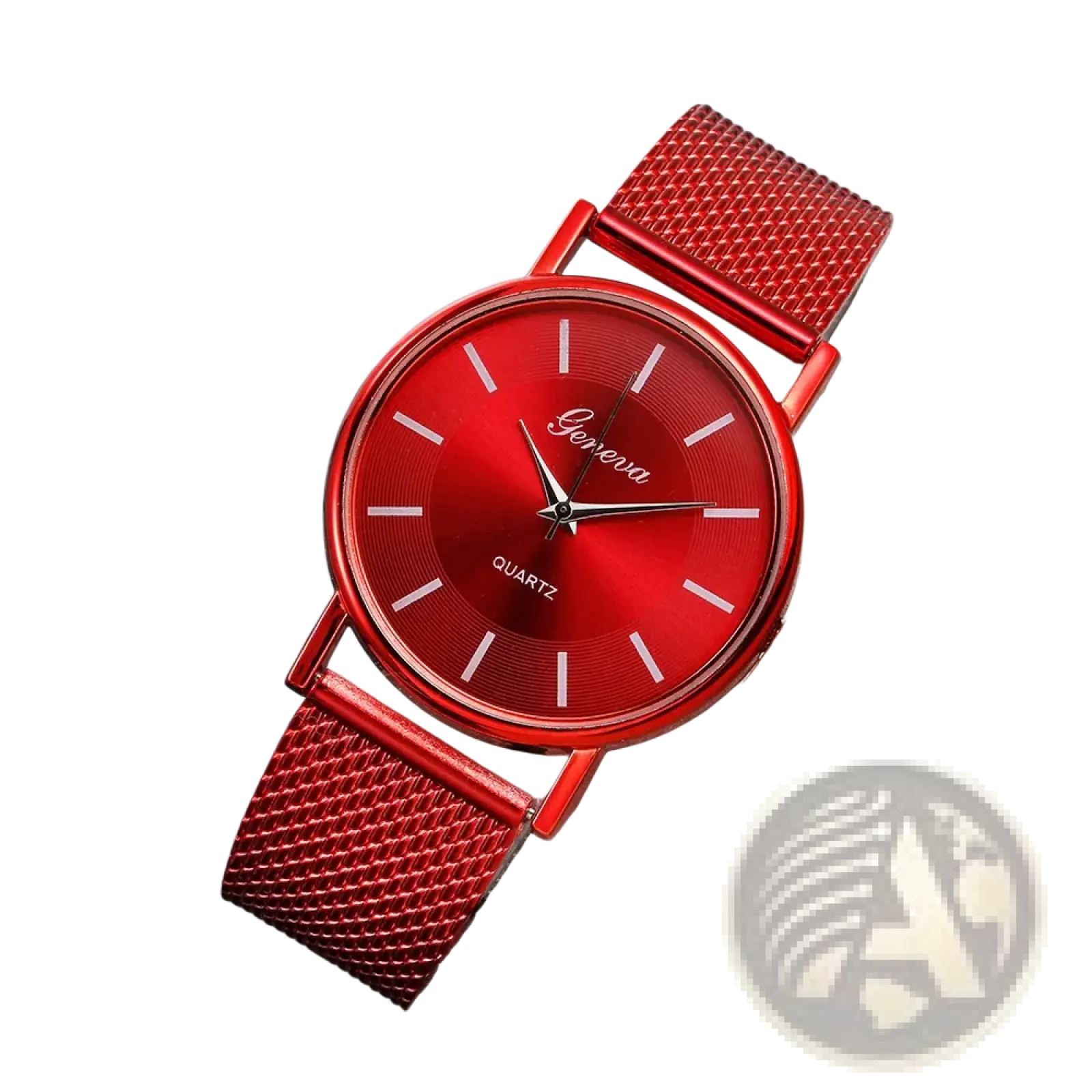 Women’s gold mesh quartz wristwatch with a vibrant red geneva dial and minimalist white hour markers