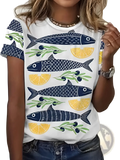 Womens graphic tee short sleeve retro casual top in white with navy fish yellow lemon and green olive branch pattern