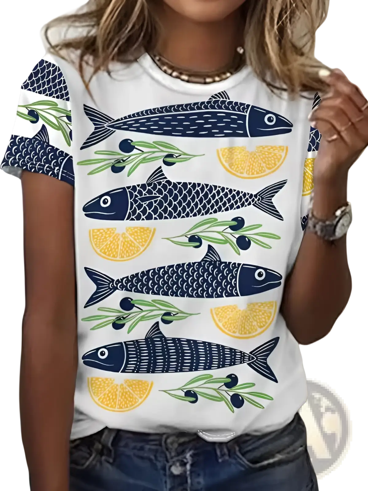 Womens graphic tee short sleeve retro casual top in white with navy fish yellow lemon and green olive branch pattern