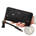 Black faux leather women’s large capacity wallet with pink white embroidered hearts gold zipper and tassel strap charm