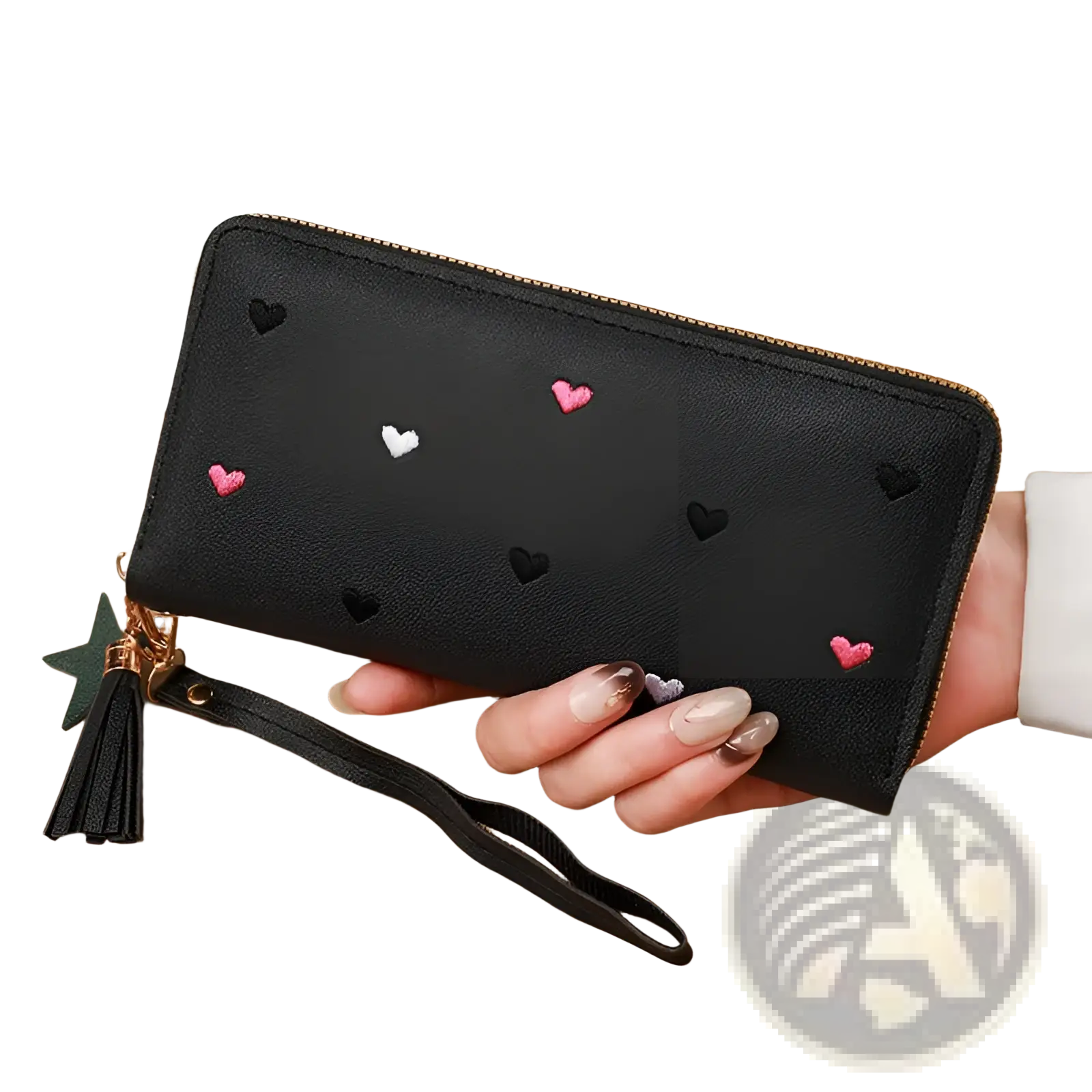 Black faux leather women’s large capacity wallet with pink white embroidered hearts gold zipper and tassel strap charm