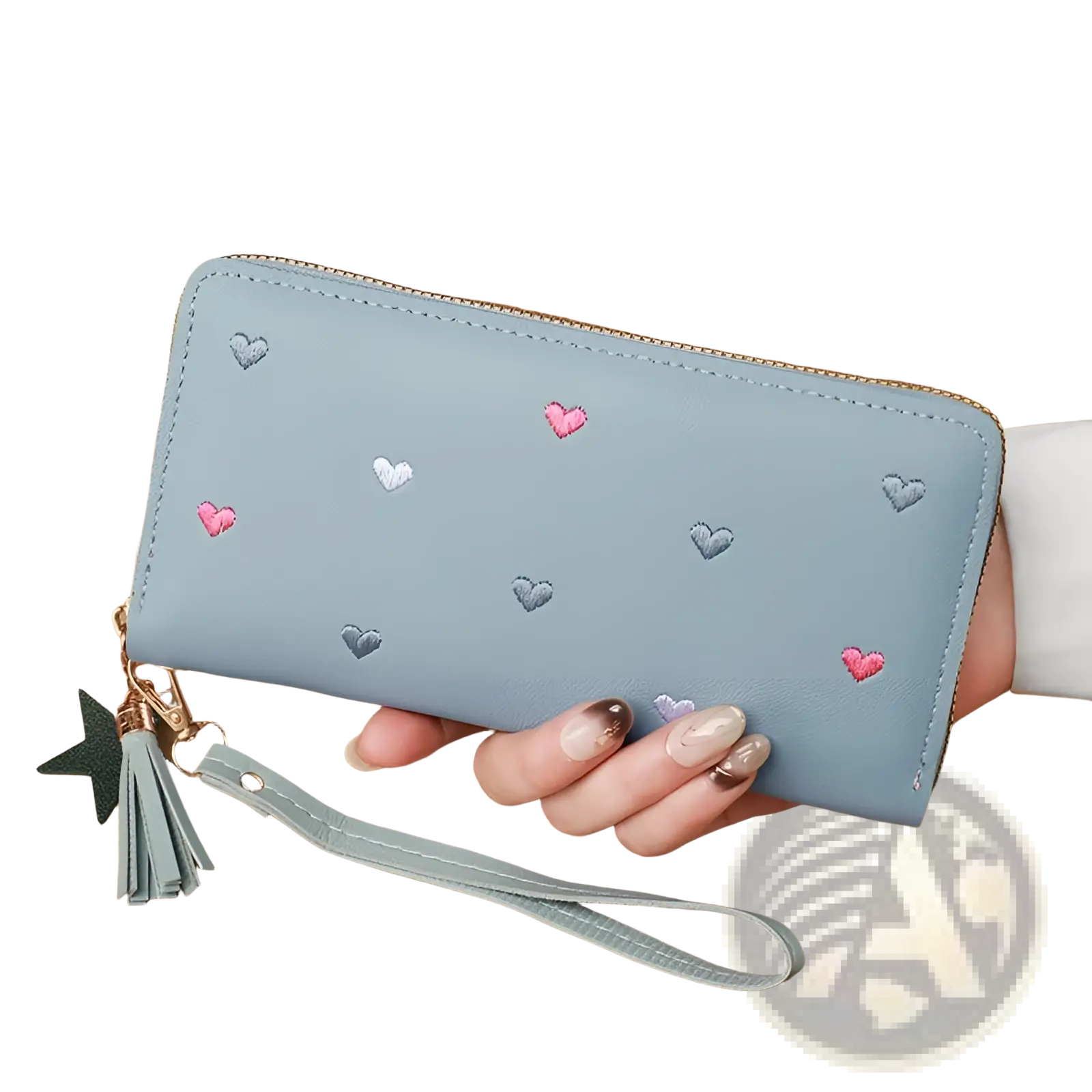Light blue leather women’s large capacity wallet with embroidered pink white and gray hearts and star charm tassel