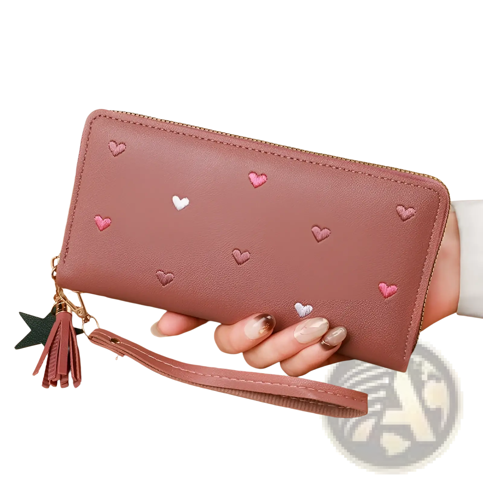 Women’s heart pattern leather large capacity wallet in pink with embroidered hearts wrist strap and tassel charm
