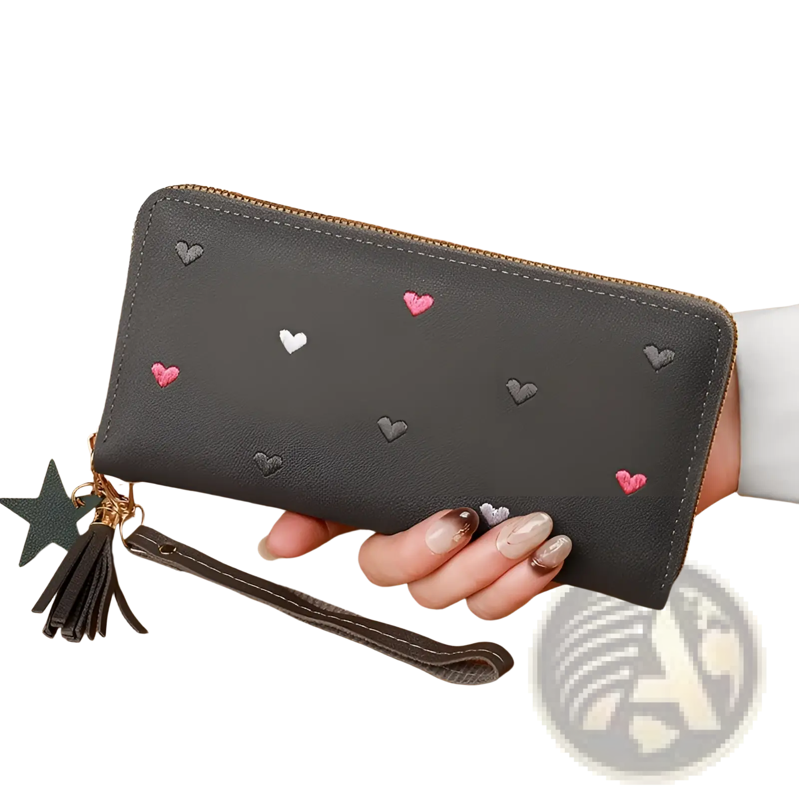 Black leather women’s wallet with embroidered pink white gray hearts and star tassel charm large capacity design