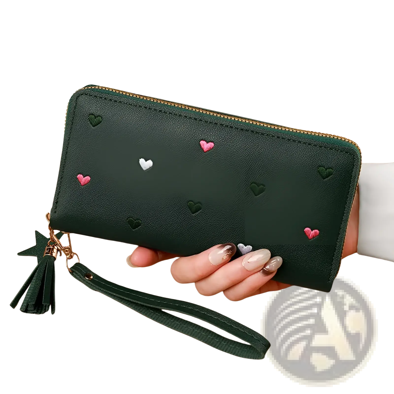 Dark green leather women’s large capacity wallet with embroidered pink and white hearts gold zipper and tassel strap