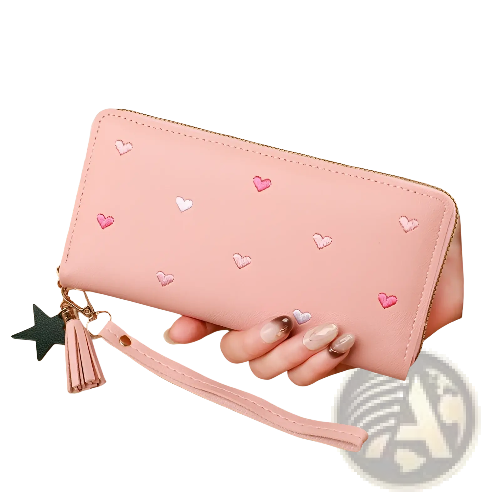 Pink heart-patterned leather large capacity wallet for women with matching tassel and star charm accessory