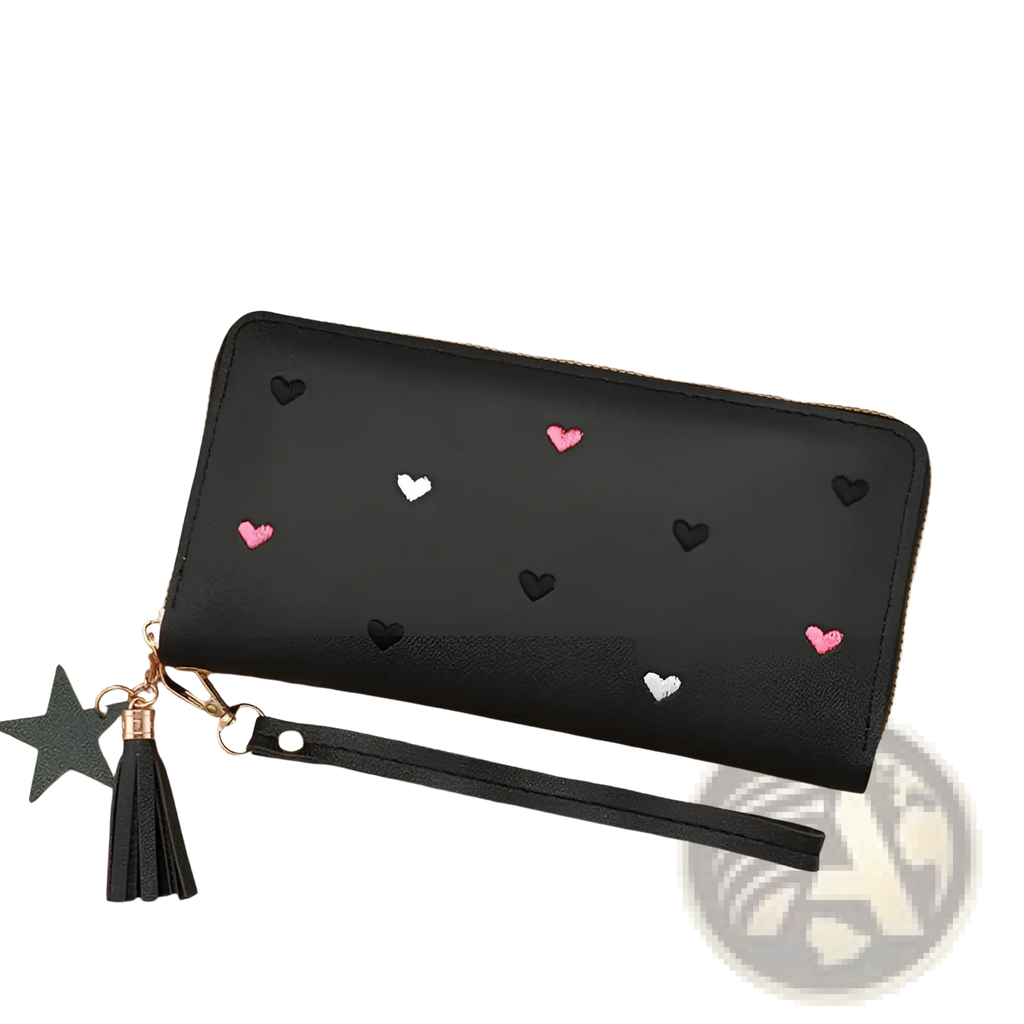 Black faux leather women’s large capacity wallet with embroidered pink and white hearts star tassel and wrist strap