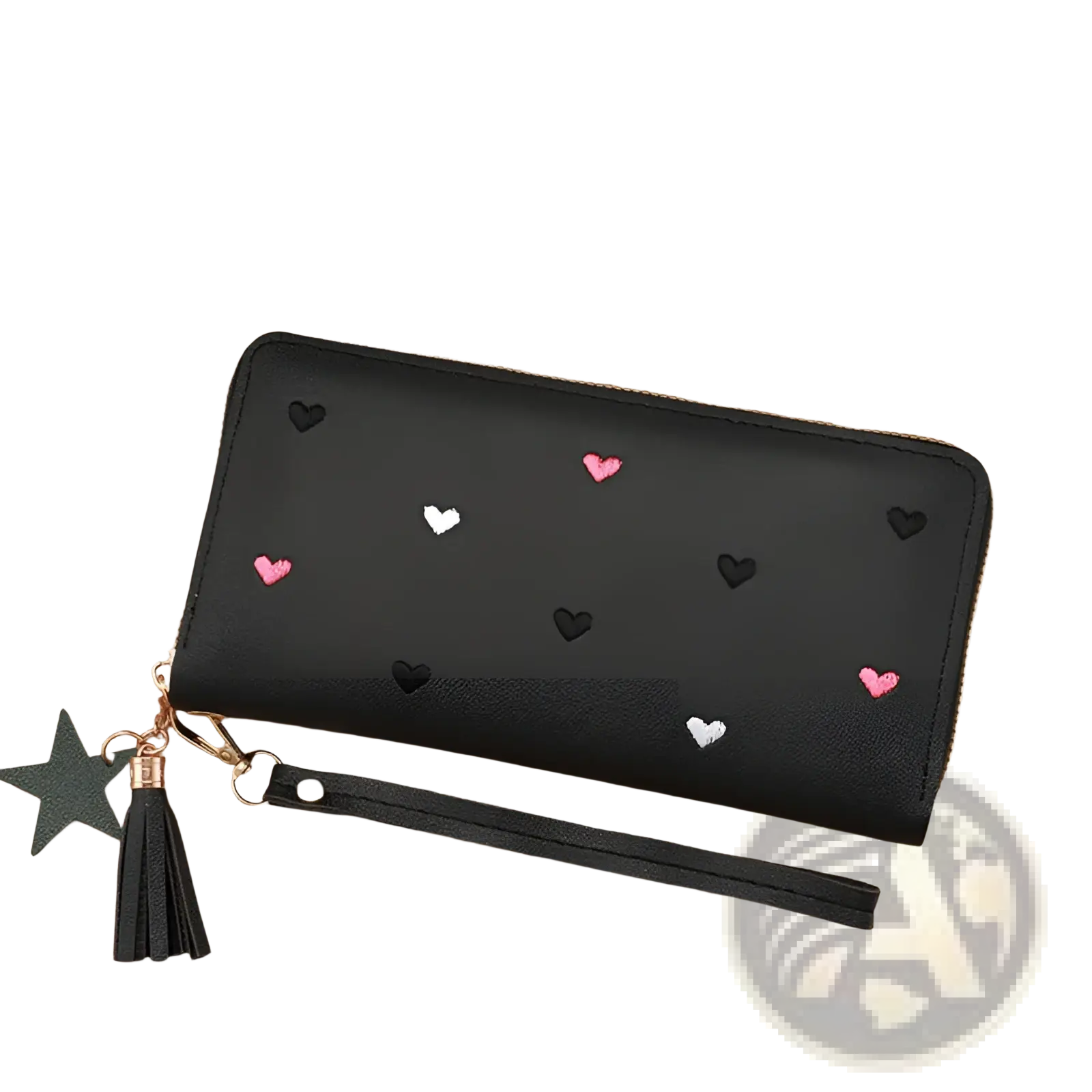 Black faux leather women’s large capacity wallet with embroidered pink and white hearts star tassel and wrist strap