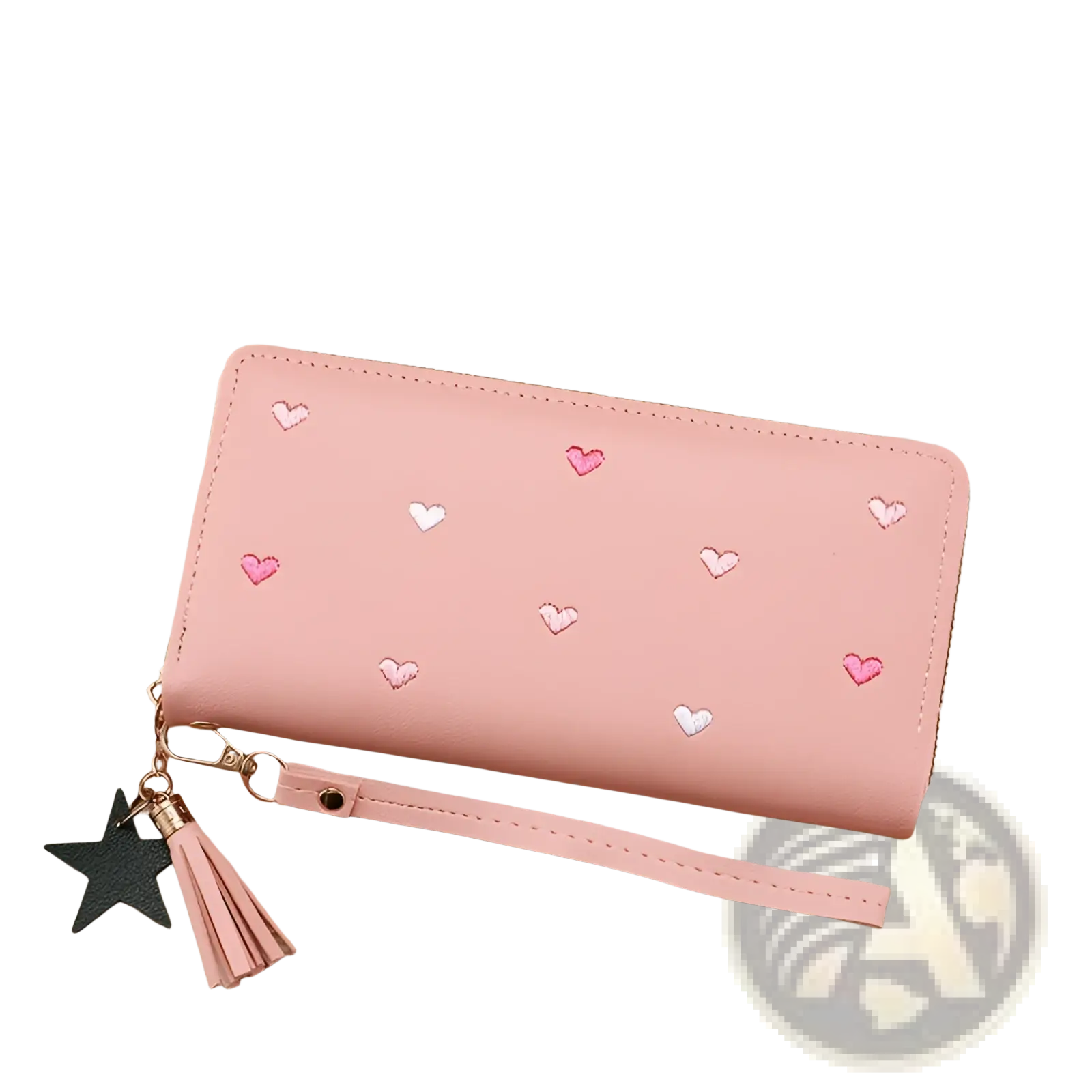 Women’s large capacity pink leather wallet with heart pattern and star tassel charm visible from the front side