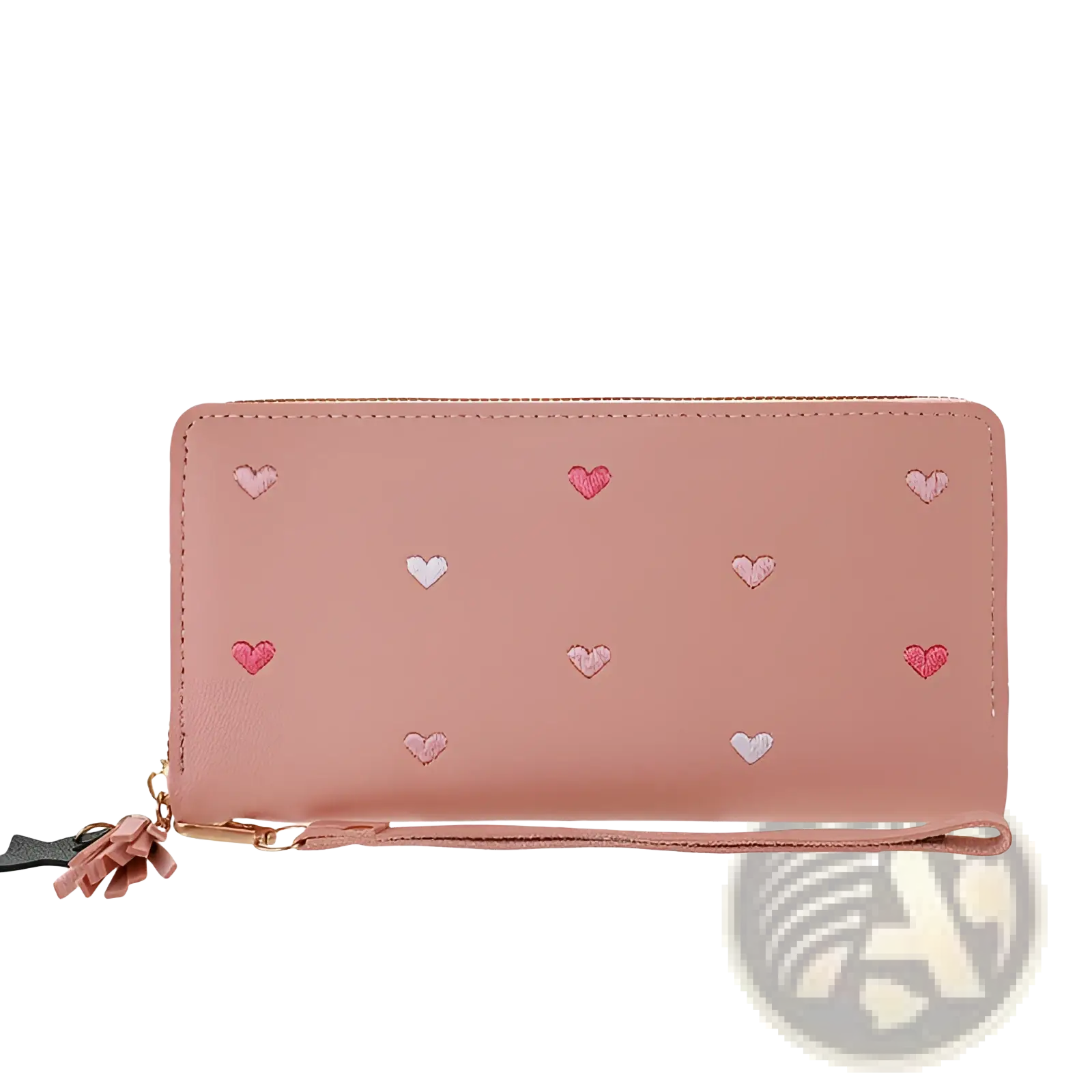 Pink leather women’s large capacity wallet with embroidered pink and white hearts gold zipper and wrist strap