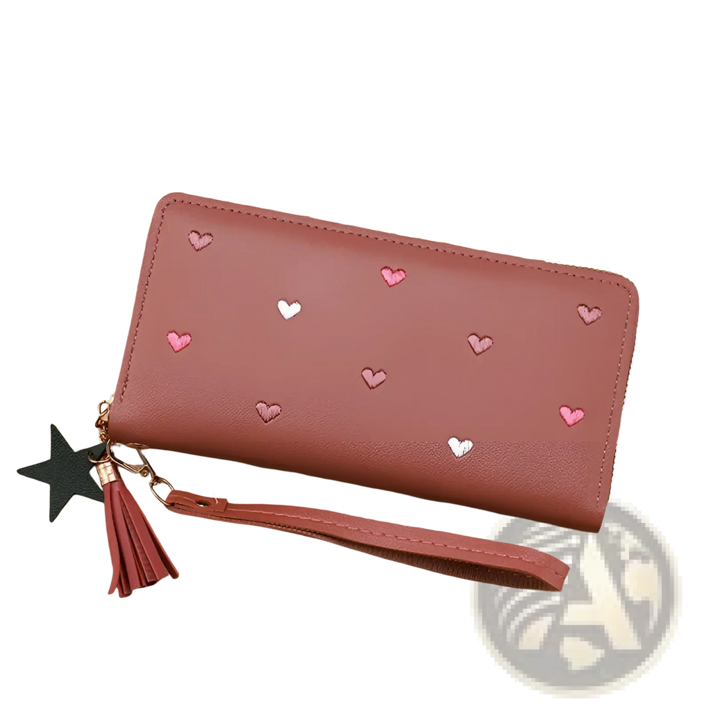 Women’s heart pattern large capacity wallet in pink leather with embroidered hearts and matching wrist strap