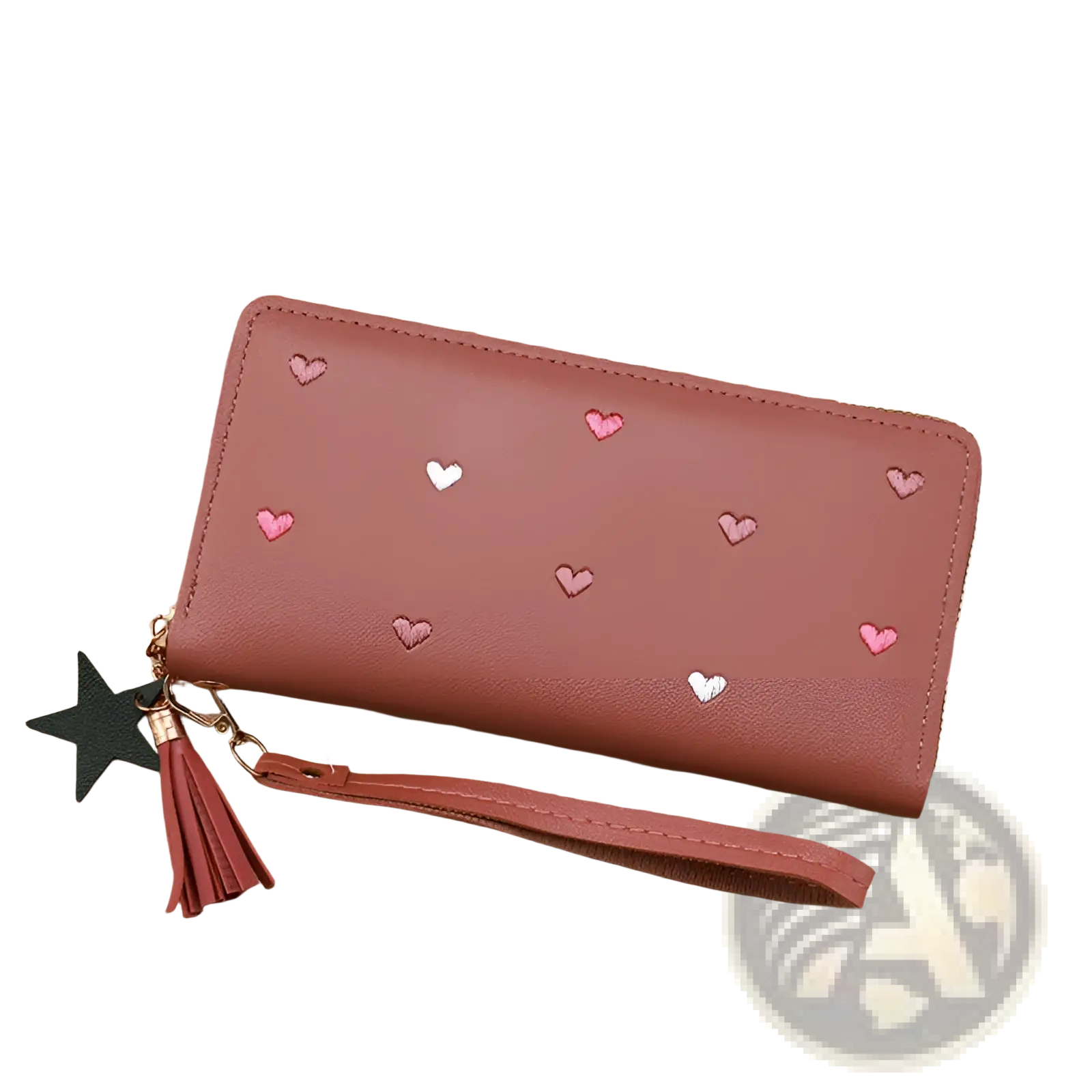 Women’s heart pattern large capacity wallet in pink leather with embroidered hearts and matching wrist strap