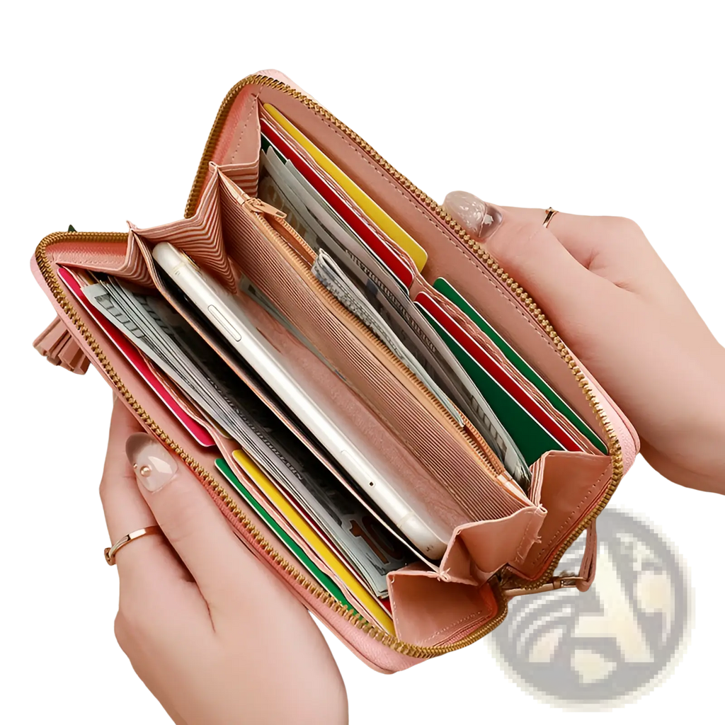 Women’s heart pattern leather large capacity wallet in pink with gold zipper and tassel detail displayed front side