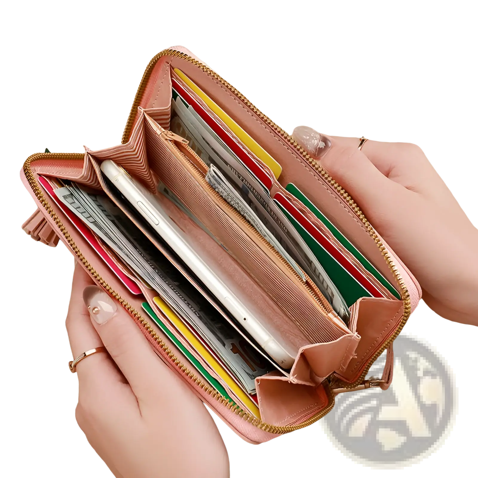 Women’s heart pattern leather large capacity wallet in pink with gold zipper and tassel detail displayed front side