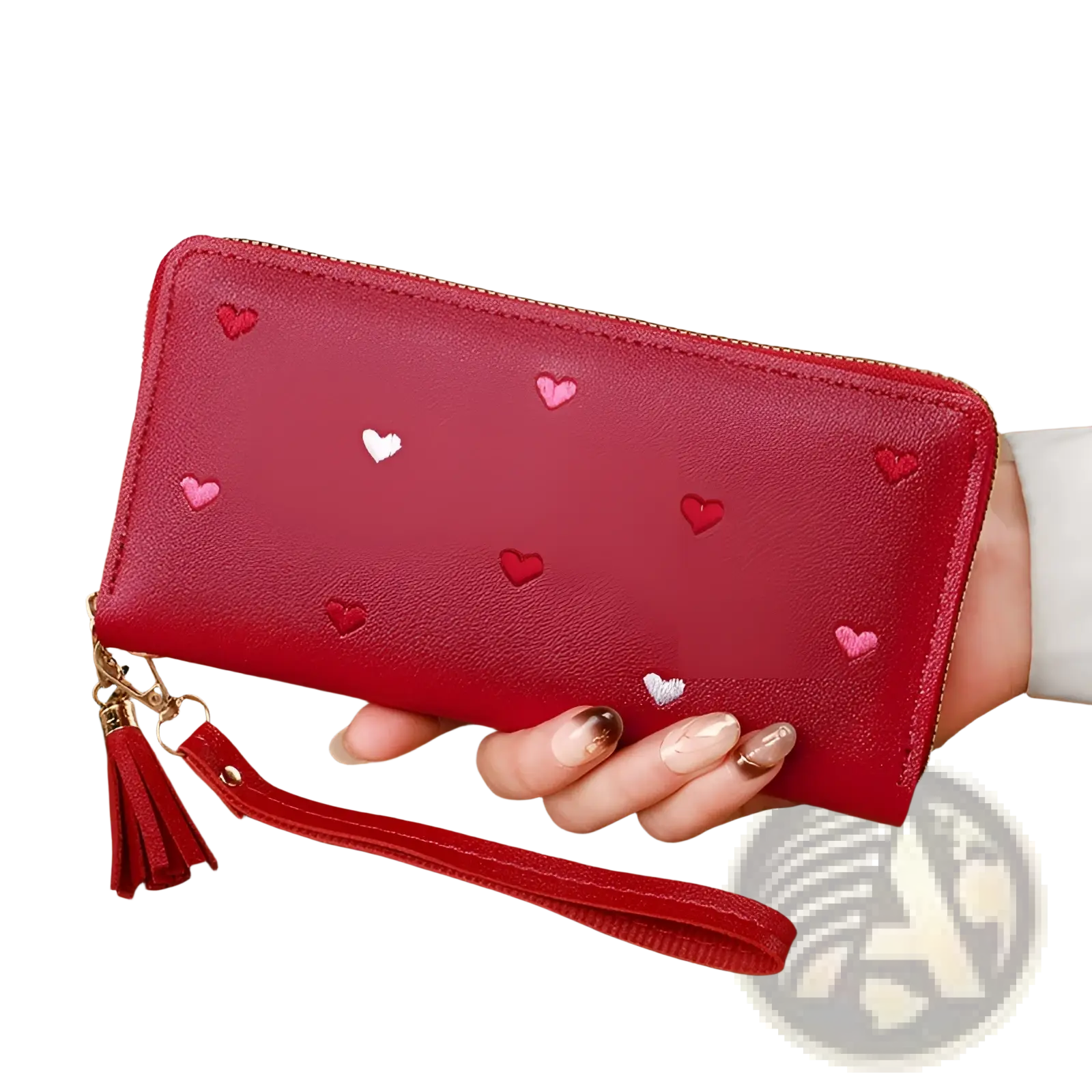 Red heart-patterned leather large capacity women’s wallet with tassel strap and zipper closure