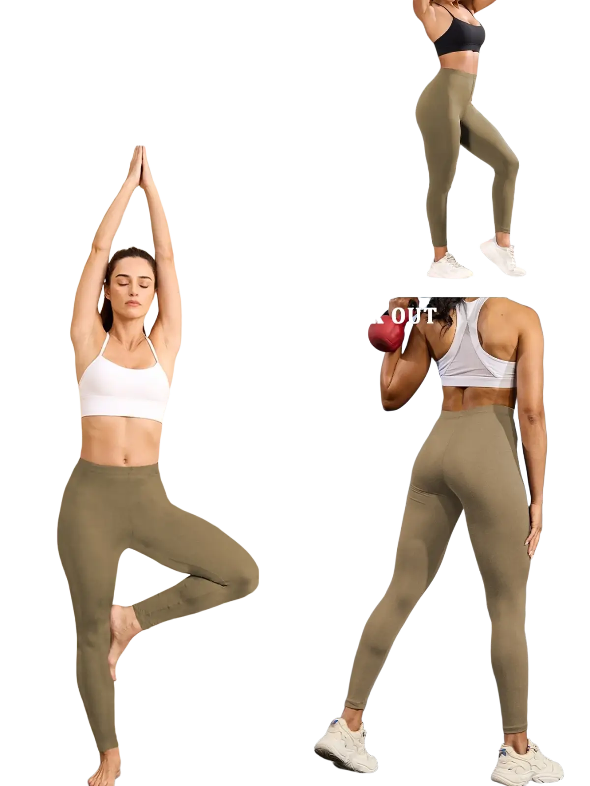 Women’s olive green high stretch soft leggings designed for yoga casual wear and workouts shown from the back side