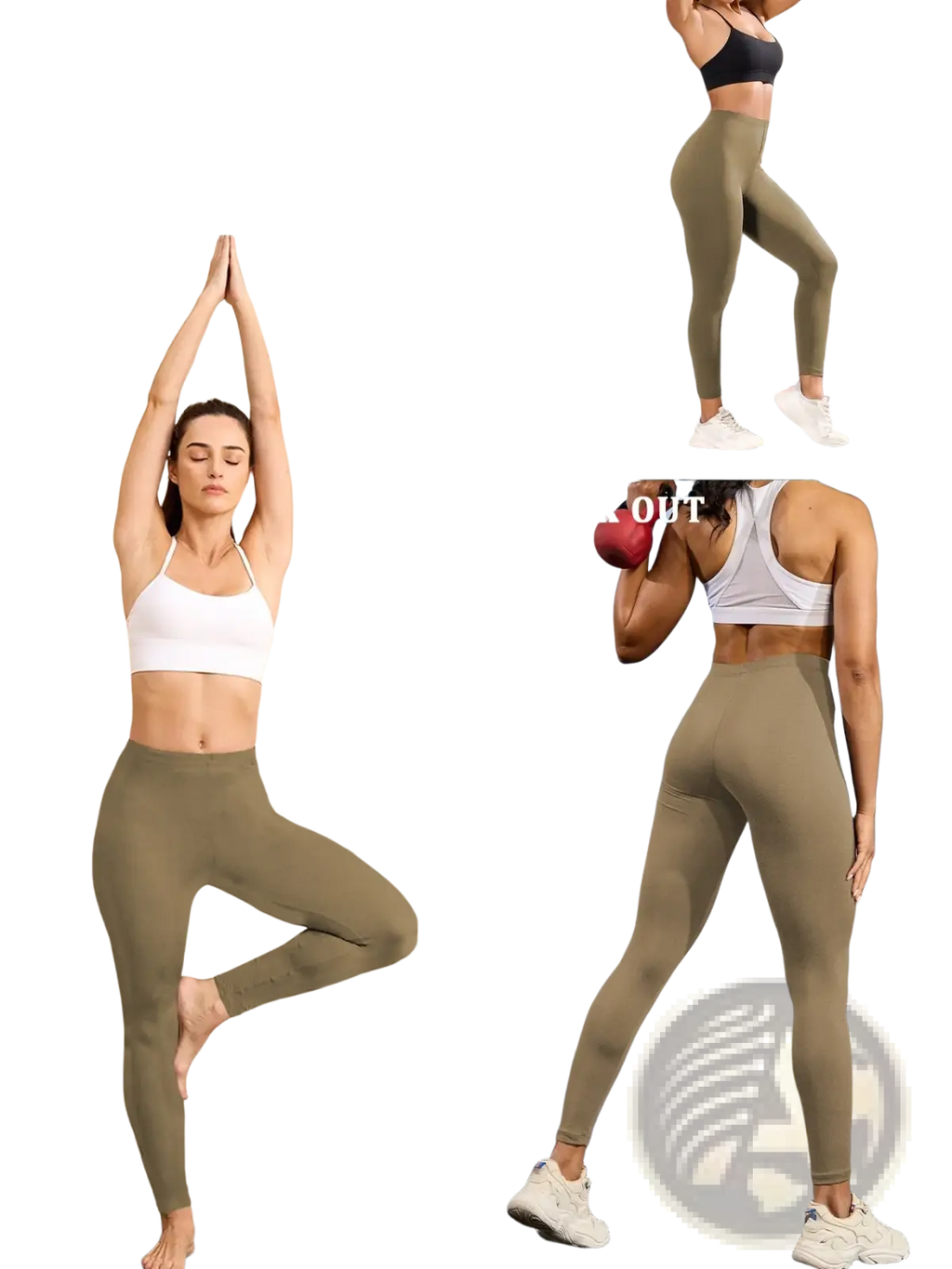 Women’s olive green high stretch soft leggings designed for yoga casual wear and workouts shown from the back side