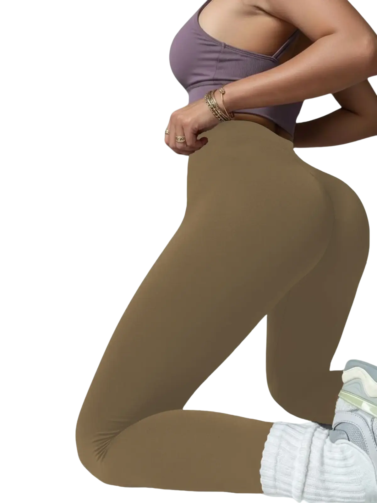 Women’s tan high stretch soft leggings with seamless no see through design ideal for running yoga and pilates