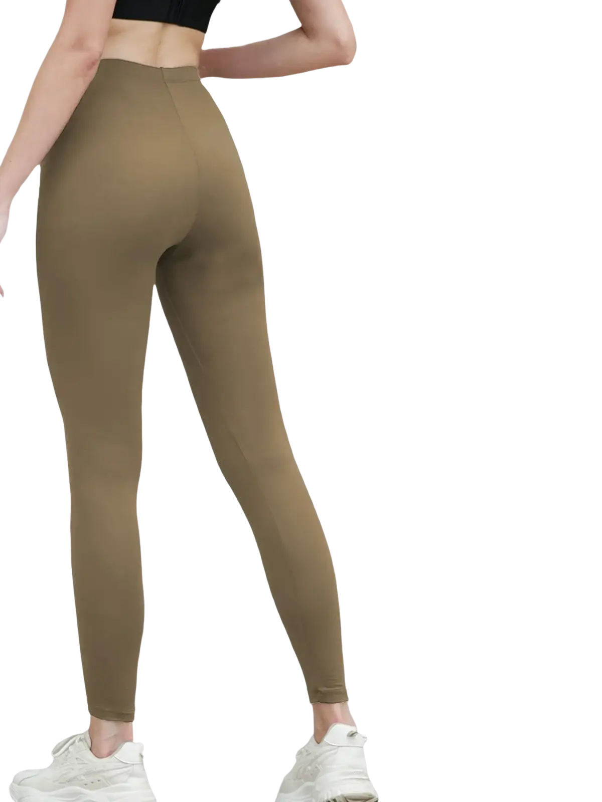 Tan high stretch soft leggings with high waist elastic waistband and snug form fitting design for women