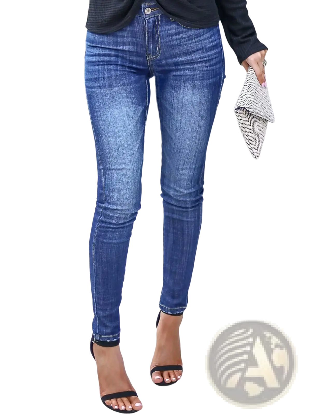 Women’s high-waisted stretch skinny jeans in blue denim with a five-pocket design and subtle fading for a worn-in look