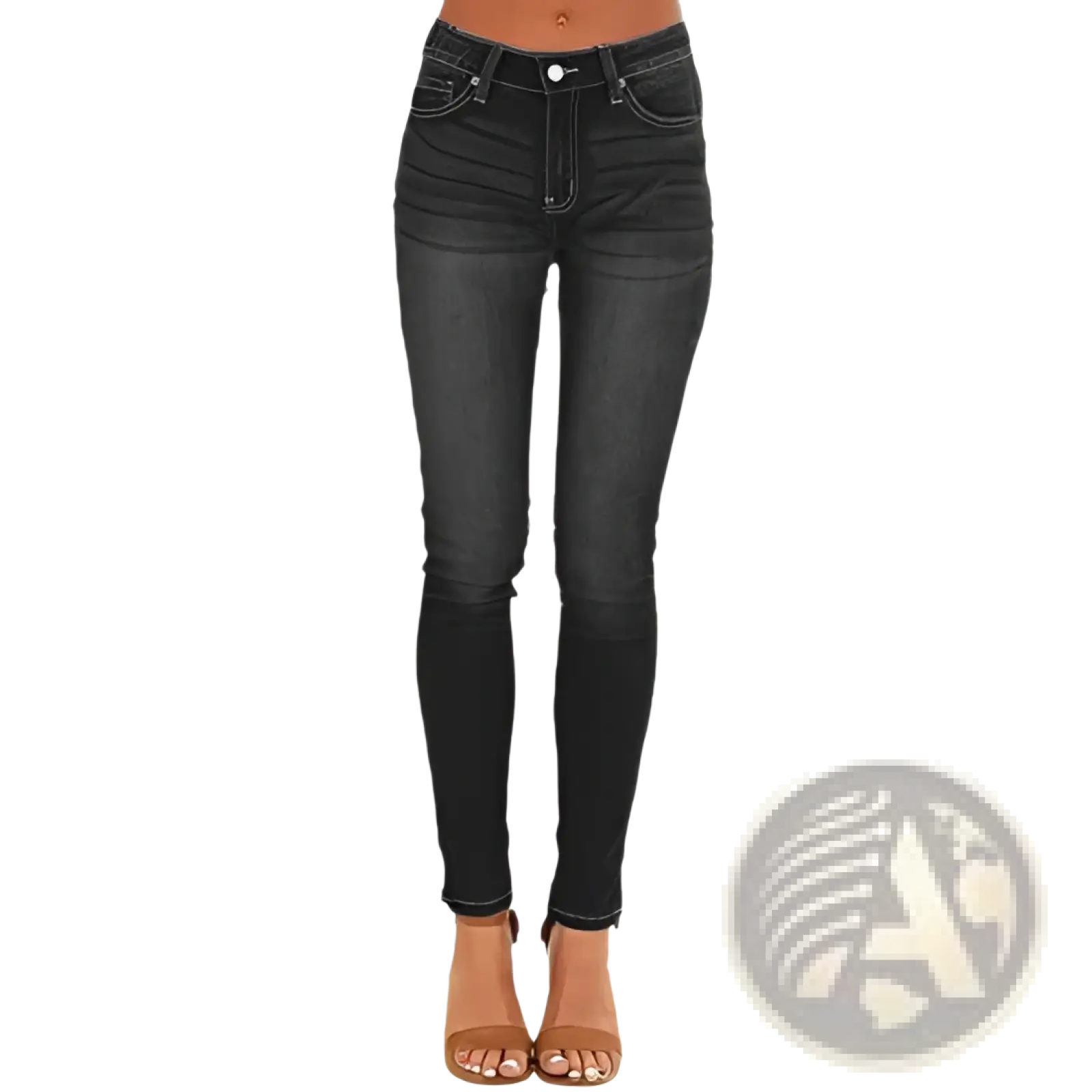 Black high-waisted stretch skinny jeans with faded wash and classic denim stitching for women visible from the back